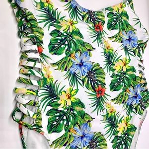 ReVamped Floral Tropical Print Highcut Peekaboo Cutout One Piece Swimsuit